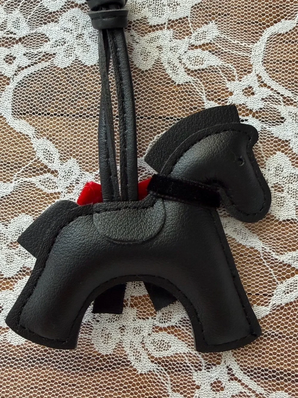 Black Faux Leather Horse Bag Charm with Red Velvet Bow, Western Bead
